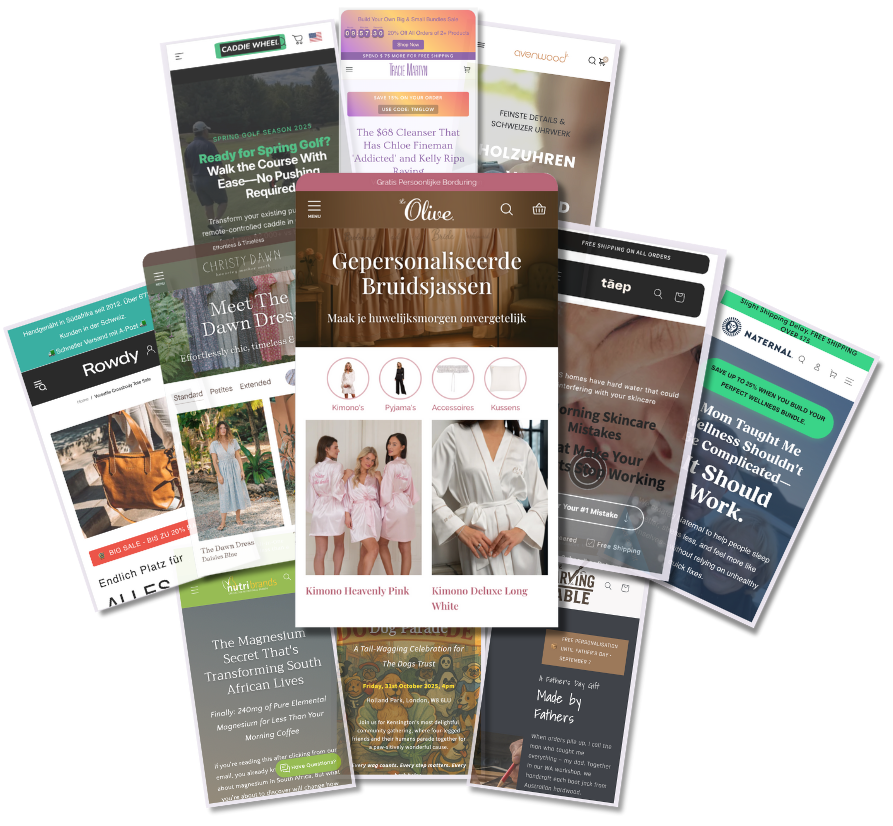 Mobile e-commerce landing pages showing different brand designs